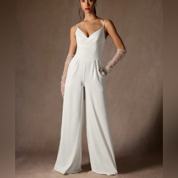 Azazie Pants - Azazie Ingris Diamond White Satin Jumpsuit WD12 With Bow
